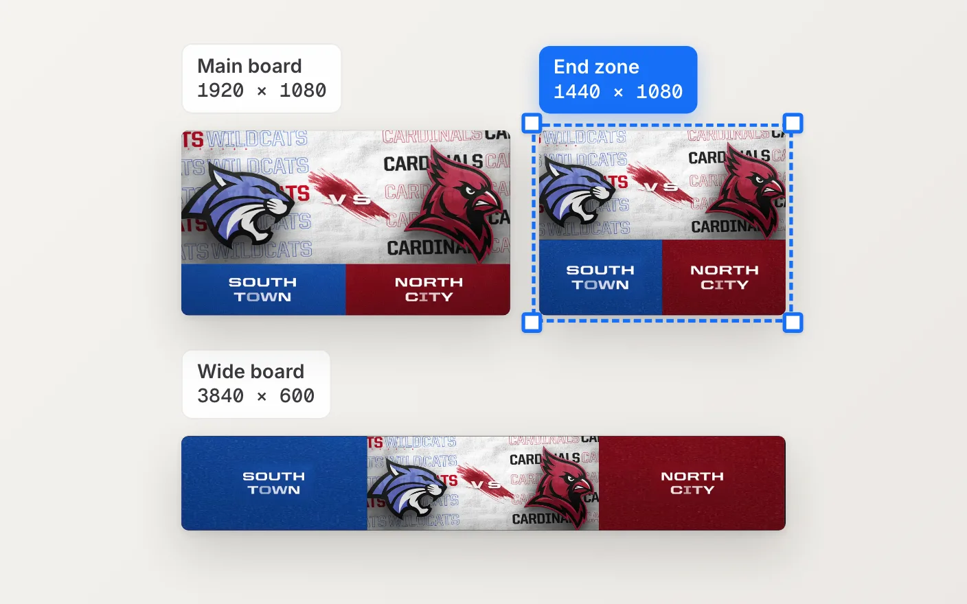 One matchup template on three boards: a 1920 × 1080 main board, a 1440 × 1080 end zone and a 3840 × 600 wide board